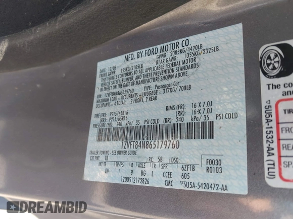 2006 Ford Mustang Standard with VIN 1ZVFT84N865179760, listed as a IAAI auction lot 42629541 with 90,095 mi miles and . Bid and sale history available at DreamBid. Image 9.