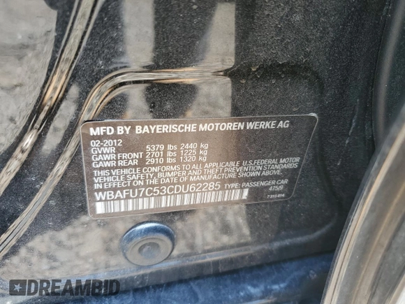 2012 BMW 5 Series 535i xDrive with VIN WBAFU7C53CDU62285, listed as a Copart auction lot 50922725 with Not Provided miles and Salvage Title. Bid and sale history available at carsss.com. Image 12.