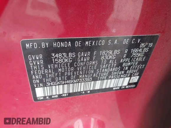 2019 Honda Fit LX with VIN 3HGGK5H46KM733393, listed as a IAAI auction lot 42354819 with Not provided miles and . Bid and sale history available at DreamBid. Image 9.