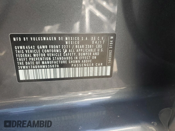 2017 Volkswagen Golf S с VIN 3VWH17AU9HM535070, выставлен на аукционе Copart как лот 53065885 с пробегом 120 165 миль миль и Списание • Salvage title. История ставок и продаж доступна на DreamBid. Изображение 12.