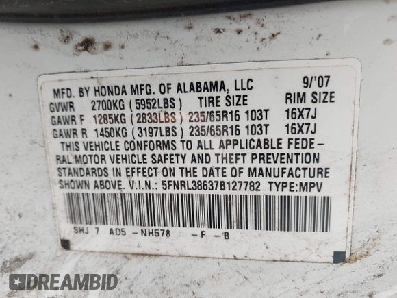 2007 Honda Odyssey EX-L with VIN 5FNRL38637B127782, listed as a IAAI auction lot 41590102 with 194,590 mi miles and . Bid and sale history available at DreamBid. Image 9.