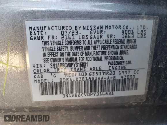 2023 Nissan Sentra SV with VIN 3N1AB8CV0PY316831, listed as a Copart auction lot 85554744 with 22,632 mi miles and Salvage Title. Bid and sale history available at carsss.com. Image 12.