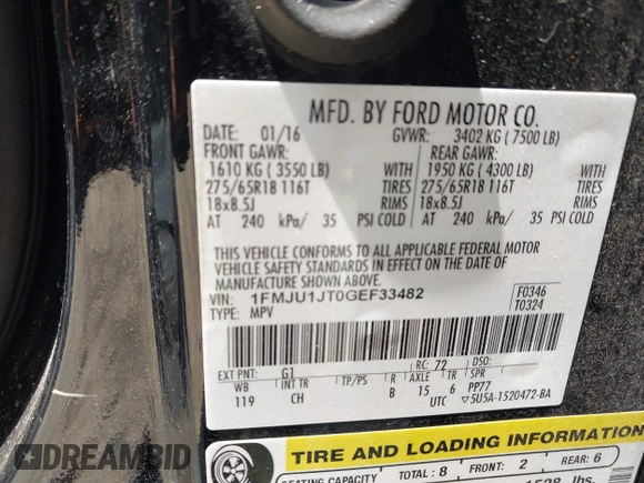 2016 Ford Expedition XLT with VIN 1FMJU1JT0GEF33482, listed as a IAAI auction lot 42609864 with 130,622 mi miles and . Bid and sale history available at DreamBid. Image 9.