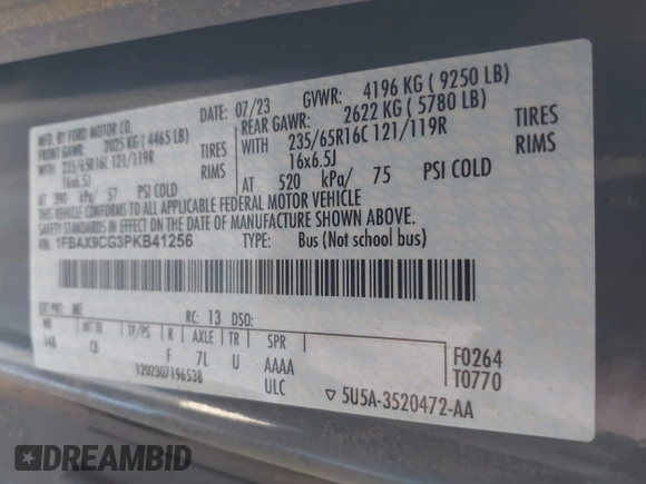 2023 Ford Transit Passenger XL with VIN 1FBAX9CG3PKB41256, listed as a IAAI auction lot 41967907 with 4,743 mi miles and . Bid and sale history available at DreamBid. Image 9.
