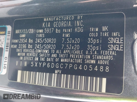2023 Kia Telluride S with VIN 5XYP6DGC7PG405488, listed as a IAAI auction lot 42135176 with 16,799 mi miles and . Bid and sale history available at DreamBid. Image 9.