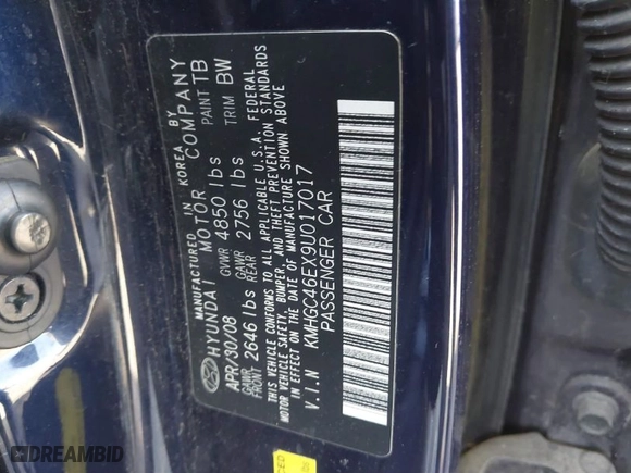 2009 Hyundai Genesis with VIN KMHGC46EX9U017017, listed as a IAAI auction lot 41753263 with 252,200 mi miles. Bid and sale history available at carsss.com. Image 9.