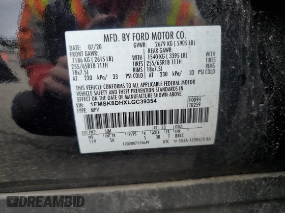 2020 Ford Explorer XLT with VIN 1FMSK8DHXLGC39354, listed as a Copart auction lot 51345865 with Not Provided miles and Salvage Title. Bid and sale history available at DreamBid. Image 15.