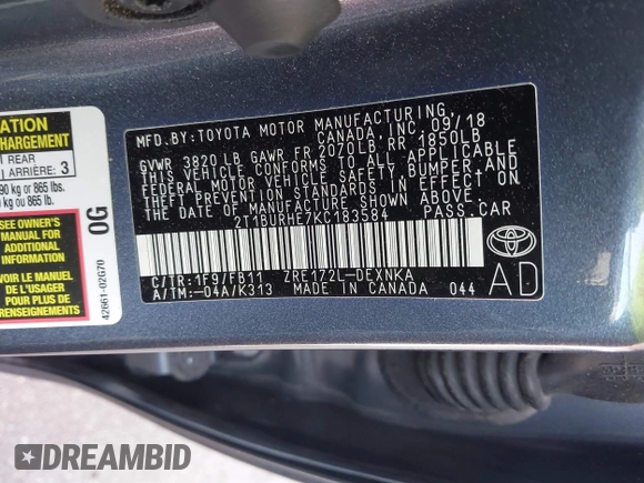2019 Toyota Corolla L z VIN 2T1BURHE7KC183584, wystawiony jako IAAI lot #42302045 z przebiegiem 110 845 mil mil oraz . Historia ofert i sprzedaży dostępna na DreamBid. Obrazek 9.