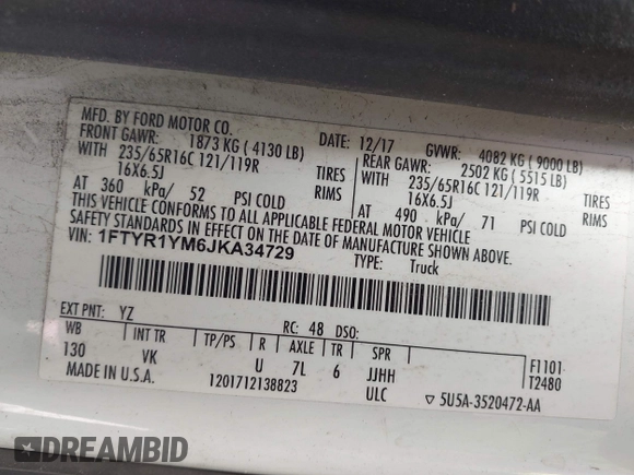 2018 Ford Transit with VIN 1FTYR1YM6JKA34729, listed as a IAAI auction lot 41931052 with 219,286 mi miles and . Bid and sale history available at DreamBid. Image 9.