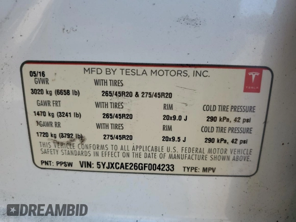 2016 Tesla Model X 70D z VIN 5YJXCAE26GF004233, wystawiony jako Copart lot #58378805 z przebiegiem 90 133 mil mil oraz Szkoda całkowita • Salvage title. Historia ofert i sprzedaży dostępna na DreamBid. Obrazek 13.