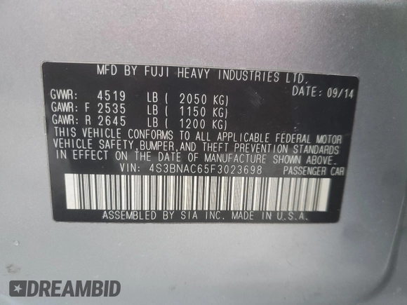 2015 Subaru Legacy Premium with VIN 4S3BNAC65F3023698, listed as a Copart auction lot 45290445 with 150,465 mi miles and Salvage title. Bid and sale history available at DreamBid. Image 12.