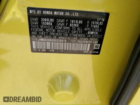 2016 Honda Fit LX with VIN JHMGK5H50GX026619, listed as a Copart auction lot 53699145 with 60,041 mi miles and Salvage Title. Bid and sale history available at carsss.com. Image 12.