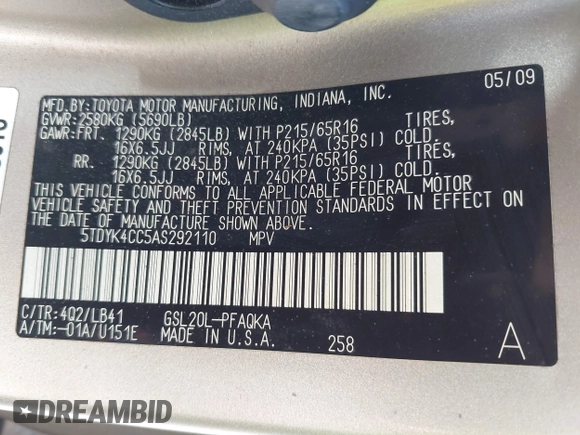 2010 Toyota Sienna XLE with VIN 5TDYK4CC5AS292110, listed as a IAAI auction lot 42055505 with 107,390 mi miles. Bid and sale history available at carsss.com. Image 9.