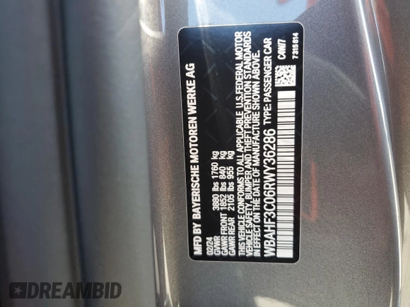 2024 BMW Z4 sDrive30i with VIN WBAHF3C06RWY36286, listed as a Copart auction lot 50296565 with 9,898 mi miles and Salvage title. Bid and sale history available at DreamBid. Image 12.