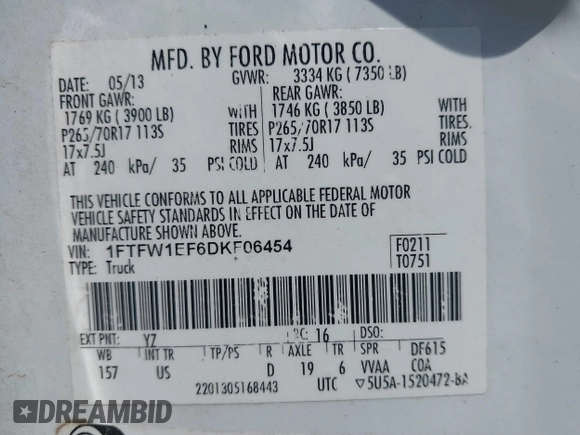 2013 Ford F-150 XL with VIN 1FTFW1EF6DKF06454, listed as a IAAI auction lot 42081690 with 60,702 mi miles and . Bid and sale history available at carsss.com. Image 9.