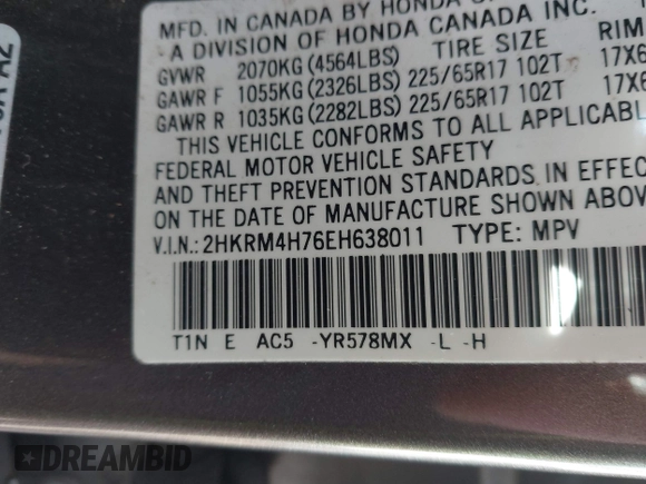 2014 Honda CR-V EX-L with VIN 2HKRM4H76EH638011, listed as a IAAI auction lot 41582396 with 147,614 mi miles. Bid and sale history available at carsss.com. Image 9.
