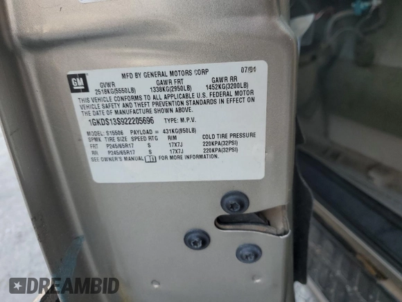 2002 GMC Envoy SLT with VIN 1GKDS13S922205696, listed as a Copart auction lot 72022914 with Not Provided miles and Salvage Title. Bid and sale history available at carsss.com. Image 16.