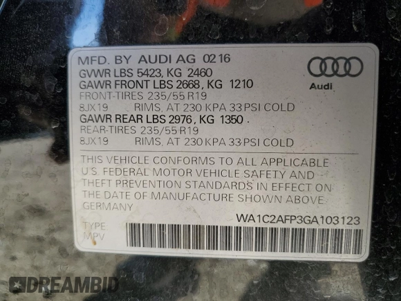 2016 Audi Q5 Premium with VIN WA1C2AFP3GA103123, listed as a Copart auction lot 43761065 with 95,710 mi miles and Salvage Title. Bid and sale history available at carsss.com. Image 13.