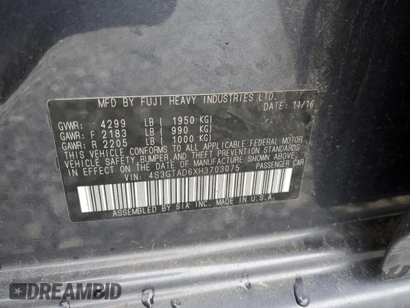 2017 Subaru Impreza Premium z VIN 4S3GTAD6XH3703075, wystawiony jako Copart lot #59928165 z przebiegiem 95 866 mil mil oraz Szkoda całkowita • Salvage title. Historia ofert i sprzedaży dostępna na DreamBid. Obrazek 12.