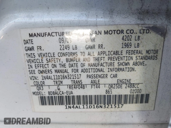 2006 Nissan Altima 2.5 with VIN 1N4AL11D16N321517, listed as a IAAI auction lot 39776843 with Not provided miles and . Bid and sale history available at DreamBid. Image 9.