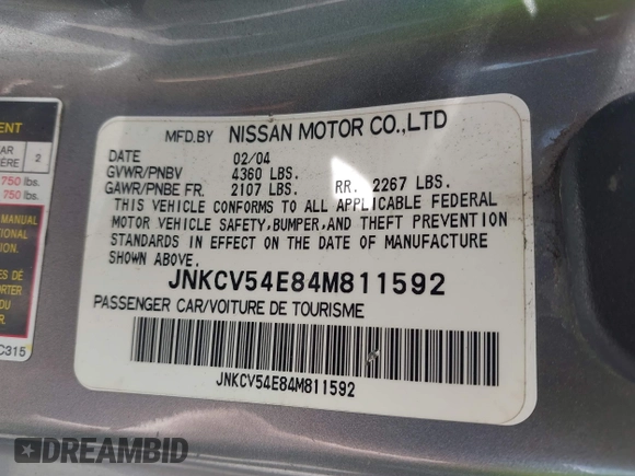 2004 Infiniti G35 w/Leather z VIN JNKCV54E84M811592, wystawiony jako IAAI lot #41946017 z przebiegiem Nie podano mil oraz . Historia ofert i sprzedaży dostępna na DreamBid. Obrazek 9.
