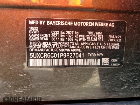 2023 BMW X5 xDrive40i with VIN 5UXCR6C01P9P27041, listed as a Copart auction lot 59009585 with 45,568 mi miles and Salvage title. Bid and sale history available at DreamBid. Image 14.
