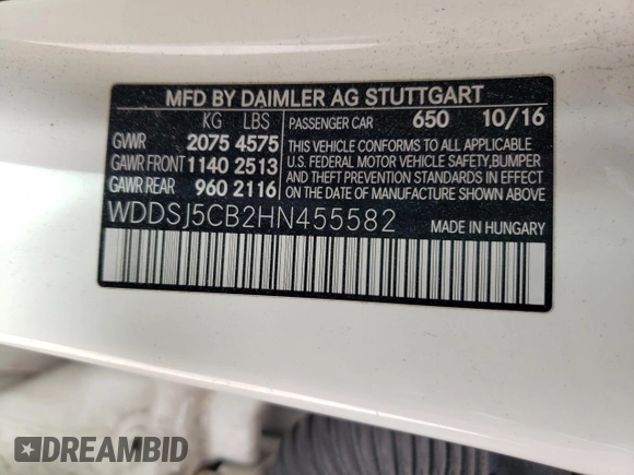 2017 Mercedes-Benz CLA 45 AMG with VIN WDDSJ5CB2HN455582, listed as a Copart auction lot 57314994 with Not Provided miles and Salvage Title. Bid and sale history available at DreamBid. Image 13.