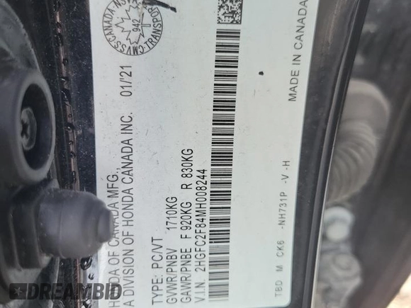 2021 Honda Civic Sport with VIN 2HGFC2F84MH008244, listed as a Copart auction lot 87156854 with 78,623 mi miles and Salvage Title. Bid and sale history available at DreamBid. Image 12.