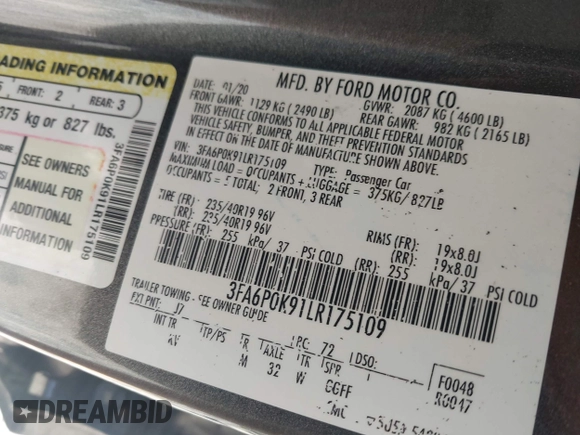2020 Ford Fusion Titanium with VIN 3FA6P0K91LR175109, listed as a IAAI auction lot 42267532 with 75,000 mi miles and . Bid and sale history available at DreamBid. Image 9.