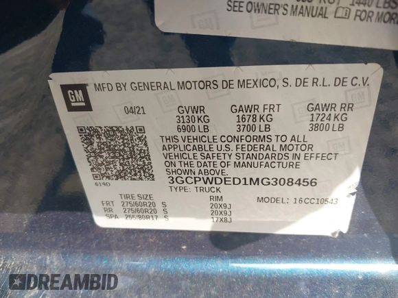 2021 Chevrolet Silverado 1500 RST with VIN 3GCPWDED1MG308456, listed as a IAAI auction lot 41242772 with 97,910 mi miles. Bid and sale history available at carsss.com. Image 9.