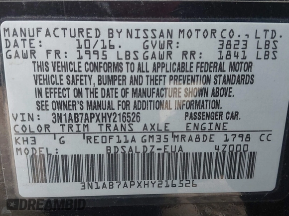 2017 Nissan Sentra S with VIN 3N1AB7APXHY216526, listed as a IAAI auction lot 42168636 with 202,451 mi miles and . Bid and sale history available at DreamBid. Image 9.