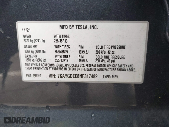 2022 Tesla Model Y Long Range with VIN 7SAYGDEE8NF317482, listed as a IAAI auction lot 41806043 with 32,108 mi miles and . Bid and sale history available at carsss.com. Image 9.
