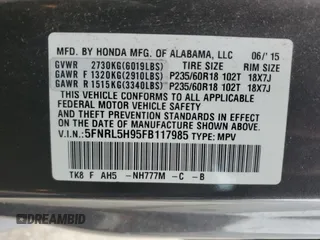 2015 Honda Odyssey Touring Elite with VIN 5FNRL5H95FB117985, listed as a Copart auction lot 57178695 with 199,757 mi miles and Non repairable. Bid and sale history available at DreamBid. Image 14.
