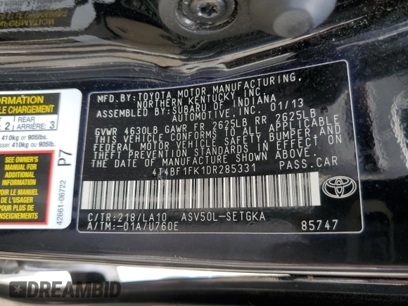 2013 Toyota Camry L with VIN 4T4BF1FK1DR285331, listed as a Copart auction lot 54455665 with 166,252 mi miles and Salvage Title. Bid and sale history available at carsss.com. Image 12.