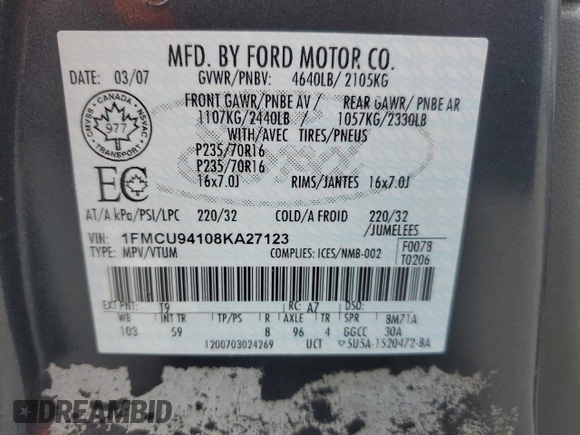 2008 Ford Escape Limited z VIN 1FMCU94108KA27123, wystawiony jako Copart lot #65963685 z przebiegiem 133 981 mil mil oraz Czysty tytuł • Clean title. Historia ofert i sprzedaży dostępna na DreamBid. Obrazek 12.