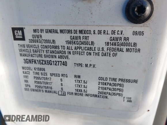 2006 Chevrolet Suburban Z71 with VIN 3GNFK16ZX6G127740, listed as a IAAI auction lot 41705869 with 251,715 mi miles and . Bid and sale history available at DreamBid. Image 9.