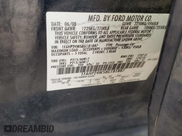 2008 Ford Taurus SEL with VIN 1FAHP24W58G181887, listed as a Copart auction lot 79811954 with 178,850 mi miles and Salvage Title. Bid and sale history available at carsss.com. Image 13.