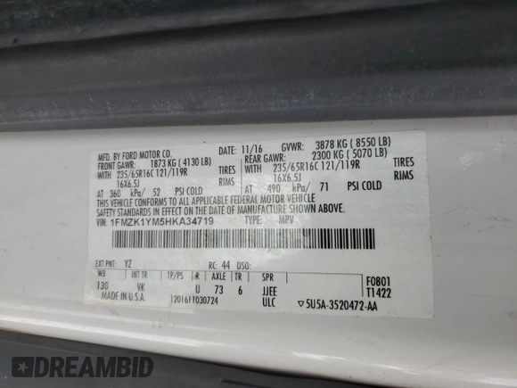 2017 Ford Transit XL with VIN 1FMZK1YM5HKA34719, listed as a Copart auction lot 45694555 with 41,359 mi miles and Salvage title. Bid and sale history available at DreamBid. Image 13.