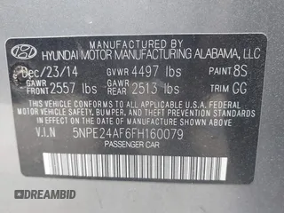 2015 Hyundai Sonata SE with VIN 5NPE24AF6FH160079, listed as a IAAI auction lot 41952638 with 164,497 mi miles and . Bid and sale history available at DreamBid. Image 9.