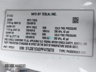 2023 Tesla Model 3 с VIN 5YJ3E1EA2PF475070, выставлен на аукционе IAAI как лот 41948023 с пробегом 61 178 миль миль и . История ставок и продаж доступна на DreamBid. Изображение 9.