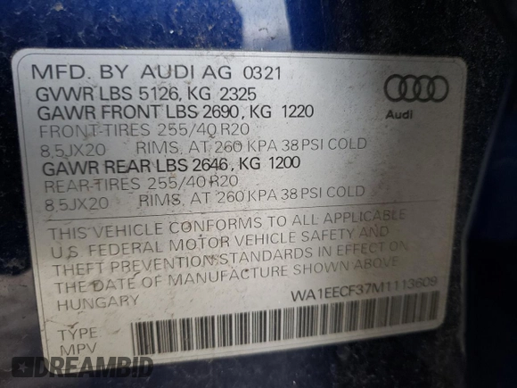 2021 Audi Q3 S line Premium Plus with VIN WA1EECF37M1113609, listed as a Copart auction lot 69698812 with 14,380 mi miles. Bid and sale history available at carsss.com. Image 13.