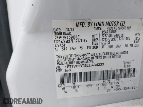 2014 Ford Super Duty F-250 SRW XL with VIN 1FT7W2BT5EEA34333, listed as a IAAI auction lot 41904055 with 200,348 mi miles. Bid and sale history available at carsss.com. Image 9.