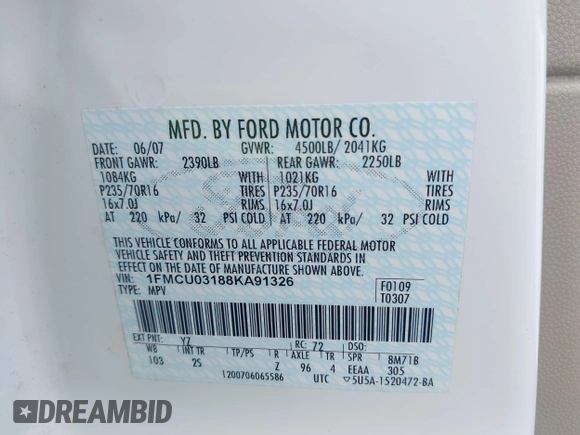 2008 Ford Escape XLT with VIN 1FMCU03188KA91326, listed as a IAAI auction lot 42293474 with 197,945 mi miles and . Bid and sale history available at DreamBid. Image 9.
