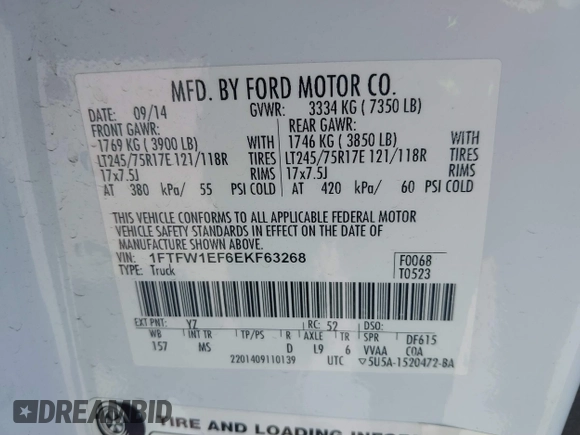 2014 Ford F-150 XL with VIN 1FTFW1EF6EKF63268, listed as a IAAI auction lot 41879267 with 234,003 mi miles. Bid and sale history available at carsss.com. Image 9.