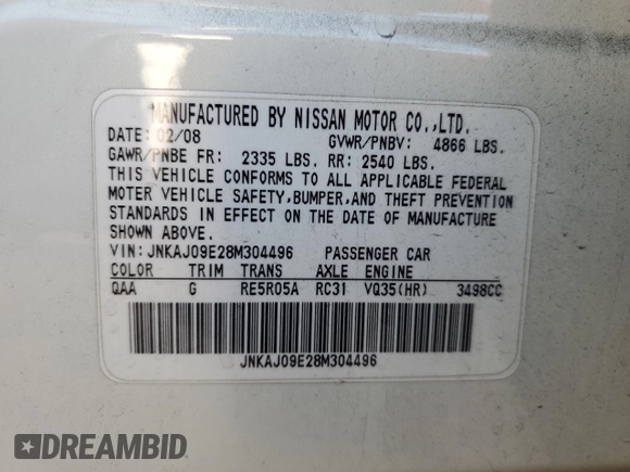 2008 Infiniti EX Journey with VIN JNKAJ09E28M304496, listed as a Copart auction lot 75262104 with 156,435 mi miles and Clean Title. Bid and sale history available at DreamBid. Image 12.