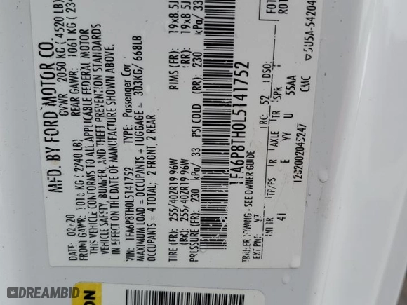 2020 Ford Mustang EcoBoost with VIN 1FA6P8TH0L5141752, listed as a Copart auction lot 46543045 with 82,252 mi miles and Salvage Title. Bid and sale history available at carsss.com. Image 15.