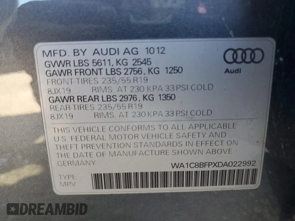 2013 Audi Q5 with VIN WA1C8BFPXDA022992, listed as a Copart auction lot 77080484 with 116,451 mi miles and Salvage title. Bid and sale history available at DreamBid. Image 13.