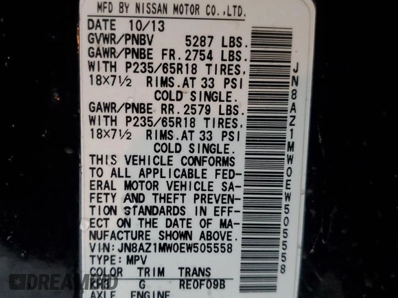 2014 Nissan Murano SL z VIN JN8AZ1MW0EW505558, wystawiony jako Copart lot #56877365 z przebiegiem 122 099 mil mil oraz Szkoda całkowita • Salvage title. Historia ofert i sprzedaży dostępna na DreamBid. Obrazek 13.