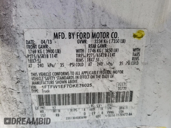 2013 Ford F-150 XL with VIN 1FTFW1EF7DKE76025, listed as a Copart auction lot 46543175 with 168,583 mi miles and Salvage Title. Bid and sale history available at carsss.com. Image 12.
