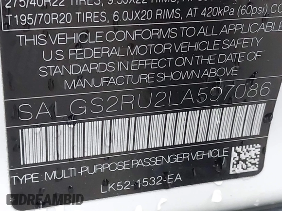 2020 Land Rover Range Rover HSE with VIN SALGS2RU2LA597086, listed as a IAAI auction lot 42205510 with 75,400 mi miles and . Bid and sale history available at DreamBid. Image 9.